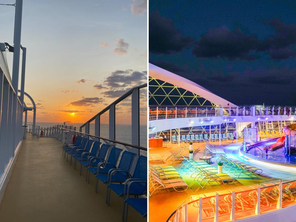 The top deck empty as the sunrises (L) and after it sets (R)