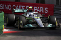 Mercedes driver Lewis Hamilton of Britain steers his car during the second free practice at the Monaco racetrack, in Monaco, Friday, May 27, 2022. The Formula one race will be held on Sunday. (AP Photo/Daniel Cole)