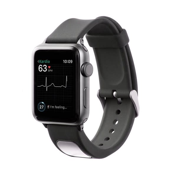 An Apple Watch featuring the KardiaBand and displaying a heart rate.