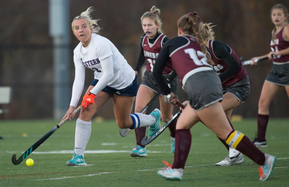 Eastern’s Ryleigh Heck, left, controls the ball during the NJSIAA field hockey Group 4 championship game between Eastern and Phillipsburg played at Bordentown High School on Saturday, November 13, 2021. Eastern defeated Phillipsburg, 8-0.  