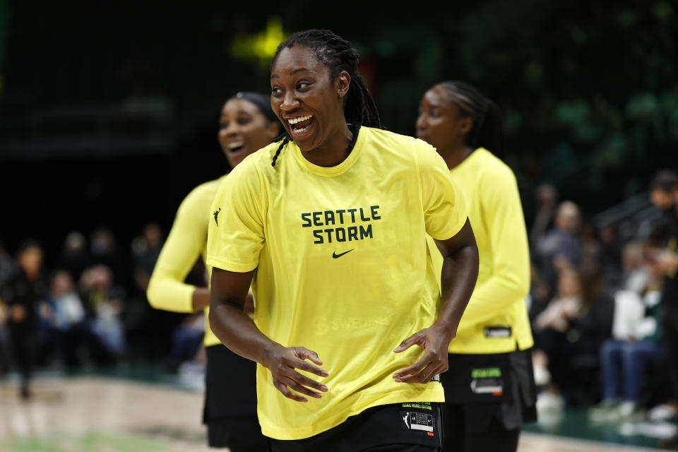 SEATTLE, WASHINGTON - JUNE 29: Tina Charles #31 of the Seattle Storm warms up before the game against the Las Vegas Aces at Climate Pledge Arena on June 29, 2022 in Seattle, Washington. (Photo by Steph Chambers/Getty Images)