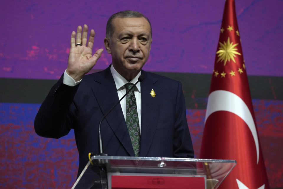 Turkey President Recep Tayyip Erdogan gestures as he speaks during a press conference on the sidelines of the G20 Leaders' Summit at Nusa Dua in Bali, Indonesia on Wednesday, Nov. 16, 2022. (AP Photo/Firdia Lisnawati)