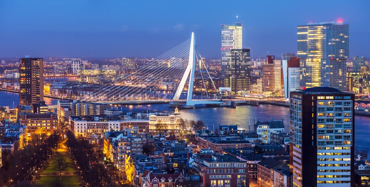 An aerial view of Rotterdam’s skyline and the Erasmus Bridge (Getty Images/iStockphoto)