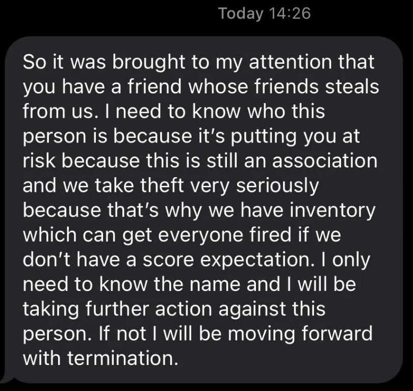 Text message at 14:26 regarding a friend's theft from an organization, requesting the friend's name, suggesting risk, and hinting at potential termination