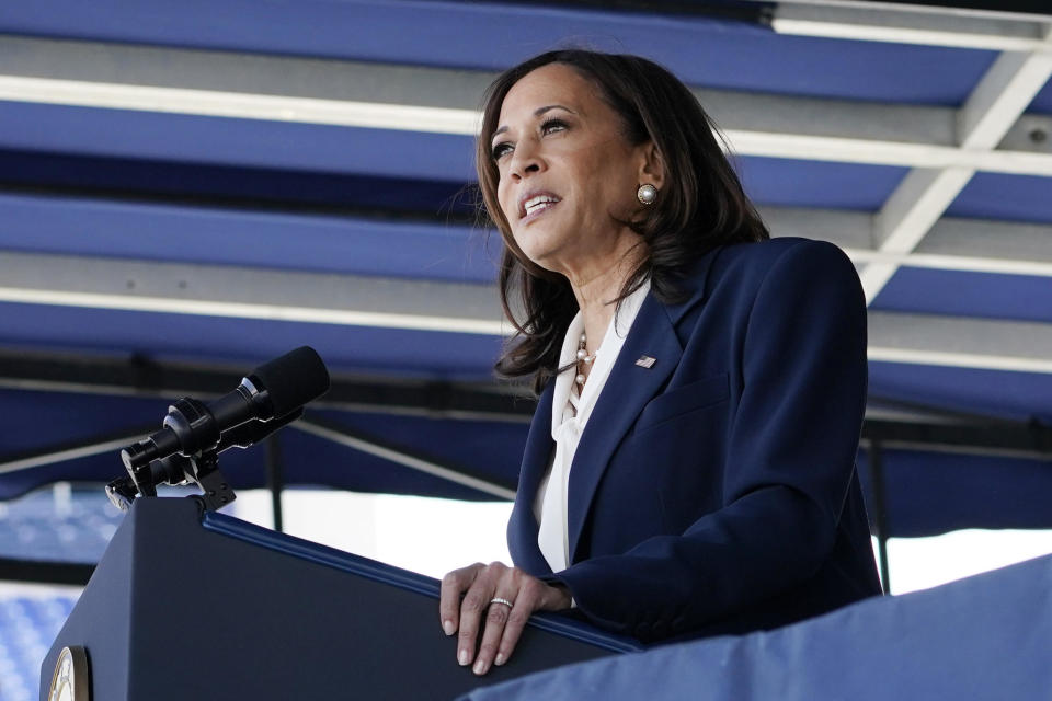 Vice President Kamala Harris speaks at the graduation and commissioning ceremony at the U.S. Naval Academy in Annapolis, Md., Friday, May 28, 2021. Harris is the first woman to give the graduation speech at the Naval Academy. / Credit: Susan Walsh / AP