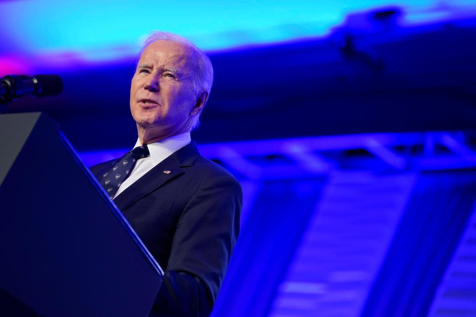 President Joe Biden speaks at the 2023 International Association of Fire Fighters Legislative Conference, Monday, March 6, 2023, in Washington. (AP Photo/Evan Vucci) ORG XMIT: DCEV426