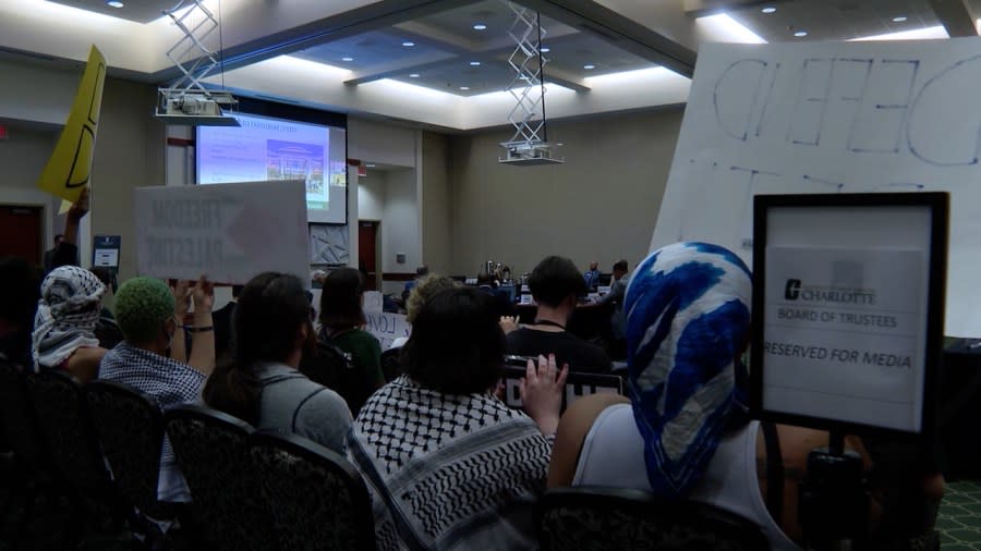 Protesters filled the UNC Charlotte Board of Trustees meeting Thursday, April 25.