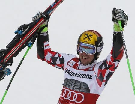 Marcel Hirscher of Austria reacts in the finish after his second run in the men's Alpine Skiing World Cup giant slalom in Garmisch-Partenkirchen March 1, 2015. REUTERS/Wolfgang Rattay