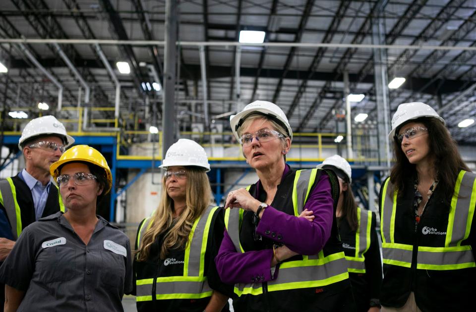 United States Secretary of Energy Jennifer Granholm listens to how electric batteries are recycled inside of Cirba Solutions US Inc. in Lancaster. A groundbreaking celebration was held where company leadership and local officials celebrated the company's $275 million expansion of its Lancaster lithium-ion battery recycling facility.