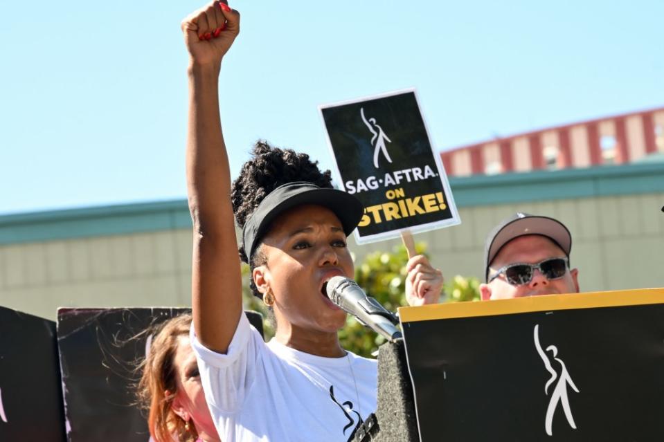 Kerry Washington speaks at the SAG-AFTRA and WGA strike at Disney Studios on August 22, 2023 in Burbank, California.