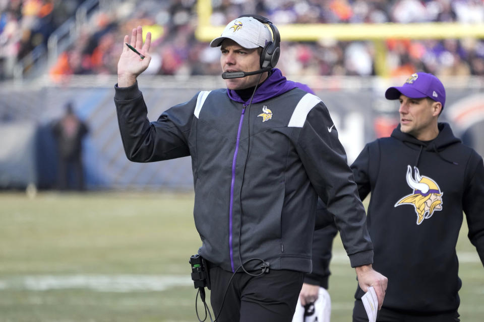Minnesota Vikings head coach Kevin O'Connell directs his team during the first half of an NFL football game against the Chicago Bears, Sunday, Jan. 8, 2023, in Chicago. (AP Photo/Charles Rex Arbogast)
