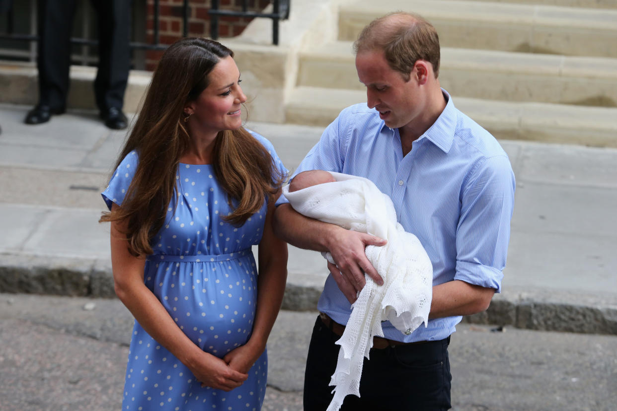 Prince William, Duke of Cambridge, and Catherine, Duchess of Cambridge, depart from the Lindo Wing with their newborn son at St. Mary’s Hospital in London in 2013. (Chris Jackson/Getty Images)