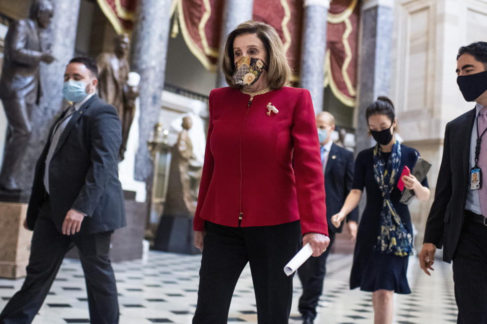 UNITED STATES - SEPTEMBER 17: Speaker of the House Nancy Pelosi, D-Calif., is seen in the Capitols Statuary Hall after a news conference to call for covid-19 testing and tracing funds that are included in the Heroes Act on Thursday, September 17, 2020. (Photo By Tom Williams/CQ-Roll Call, Inc via Getty Images)