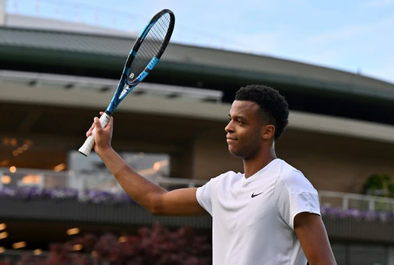 Le Français Giovanni Mpetshi Perricard célèbre sa victoire face au Japonais Yoshihito Nishioka au deuxième tour du tournoi de Wimbledon à Londres, le 4 juillet 2024 (Glyn KIRK)