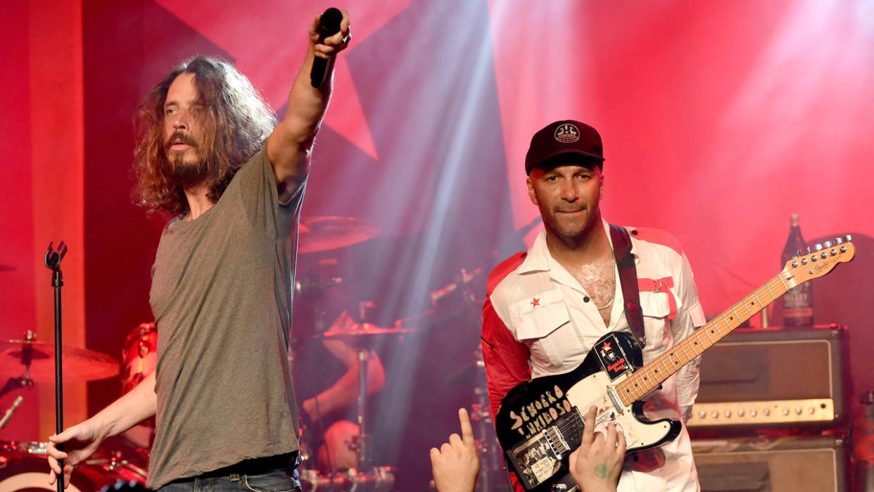  Chris Cornell and Tom Morello onstage together in 2017. 