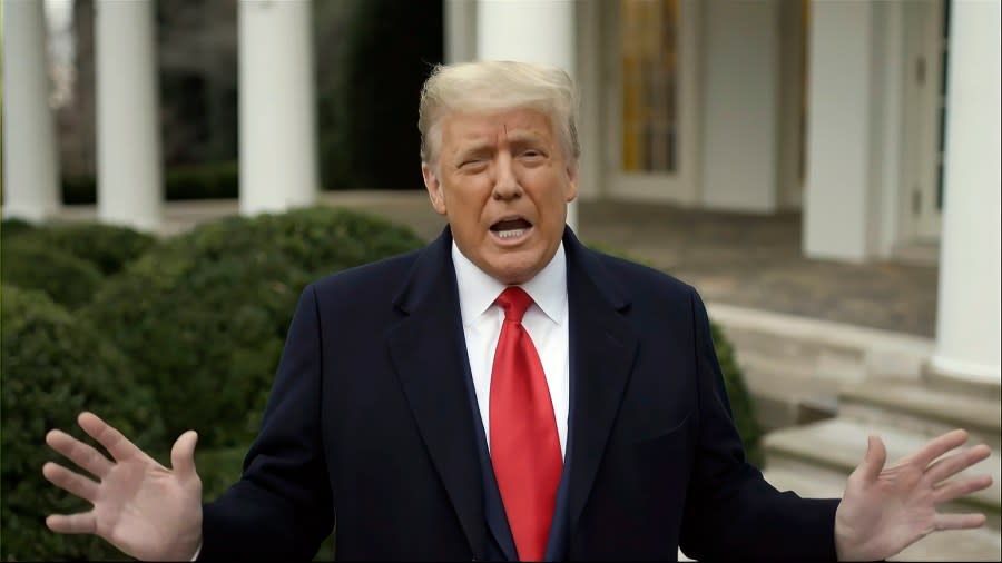 This exhibit from video released by the House Select Committee, shows President Donald Trump recording a video statement on the afternoon of Jan. 6, 2021, from the Rose Garden, displayed at a hearing by the House select committee investigating the Jan. 6 attack on the U.S. Capitol. (House Select Committee via AP, File)