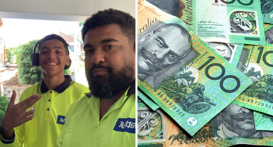 Left: Frank Hoyt is pictured on the right in a fluoro green shirt. Right: A spread of $100 notes.