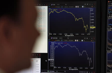 A journalist looks at a screen in this illustration photo that shows graphics representing the losses in the French CAC 40 (Top) and German DAX (Bottom) stock indexes in Paris, France, August 24, 2015. REUTERS/Regis Duvignau