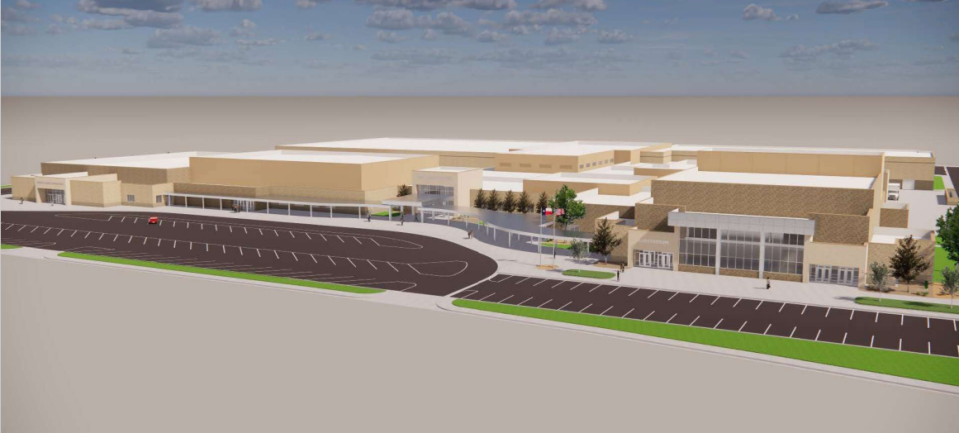 A rendering of Frenship ISD's second high school, set to open in August 2025 at 7004 43rd St. in west Lubbock.