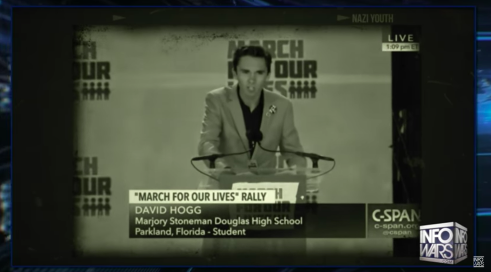 A screengrab from InfoWars portraying Stoneman Douglas student David Hogg as Hitler.