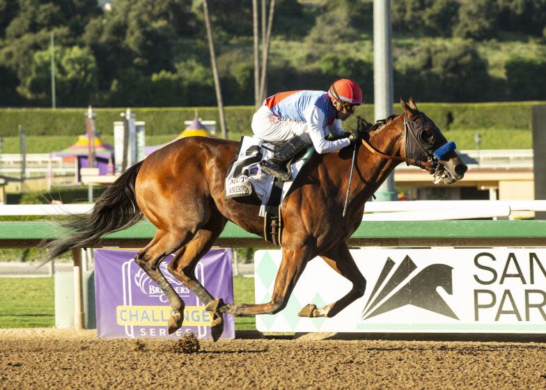 In a photo provided by Benoit Photo, Muth and jockey Juan Hernandez win the Grade I, $300,000 American Pharoah Stakes horse race Saturday, Oct. 7, 2023, at Santa Anita in Arcadia, Calif. (Benoit Photo via AP)