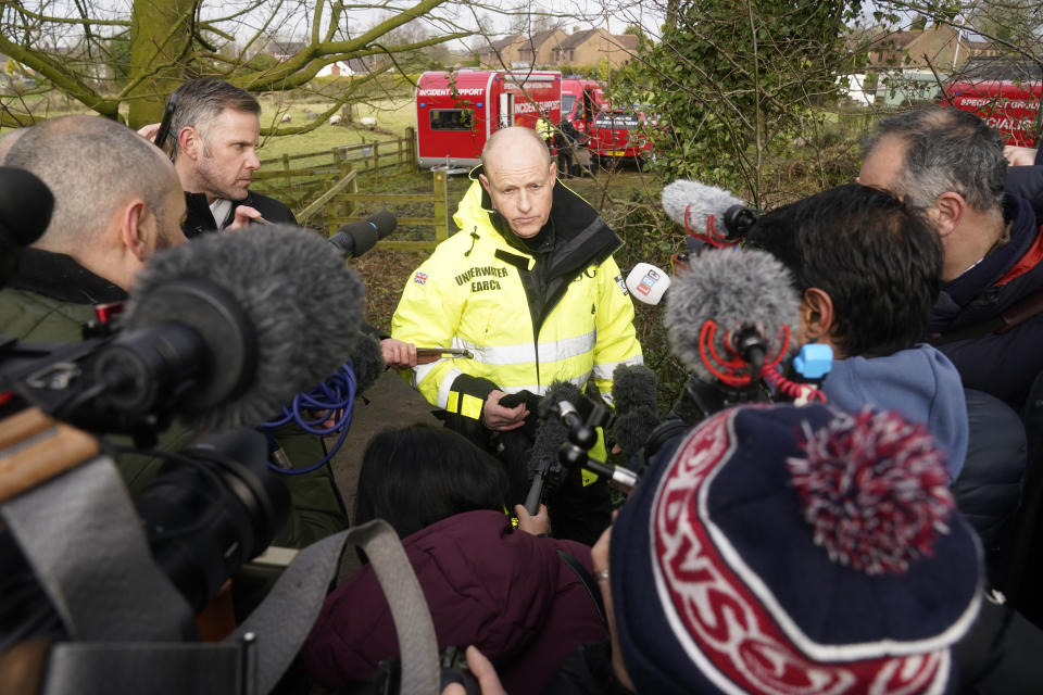 Peter Faulding (centre) CEO of private underwater search and recovery company Specialist Group International (SGI), speaks to the media in St Michael&#39;s on Wyre, Lancashire, as police continue their search for missing woman Nicola Bulley, 45, who was last seen on the morning of Friday January 27, when she was spotted walking her dog on a footpath by the nearby River Wyre. Picture date: Monday February 6, 2023. (Photo by Danny Lawson/PA Images via Getty Images)