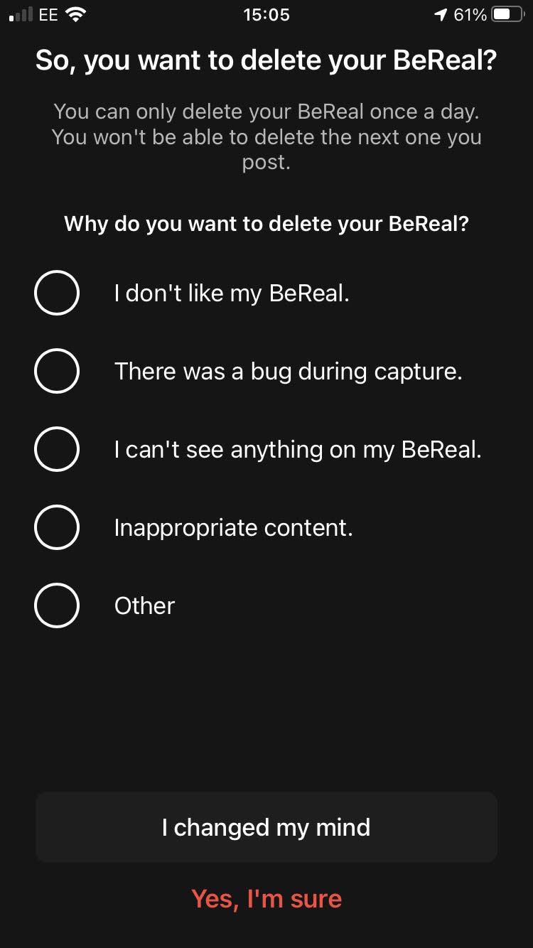 A screenshot from BeReal asking why you want to delete your post