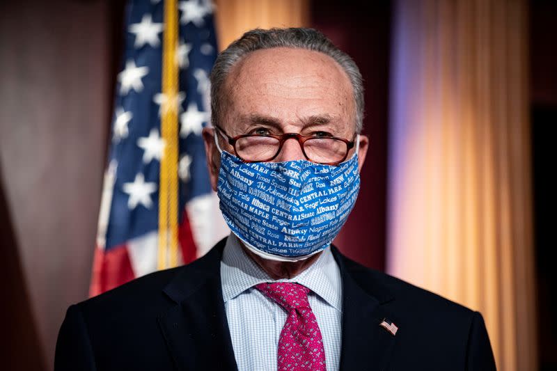 U.S. Senate Majority Leader Chuck Schumer (D-NY) speaks during a news conference in the U.S. Capitol