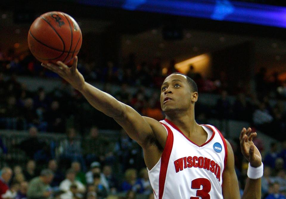 Trevon Hughes of the Wisconsin Badgers drives for a shot attempt during the Midwest Region second round of the 2008 NCAA Tournament on March 22, 2008, at the Qwest Center in Omaha, Nebraska.