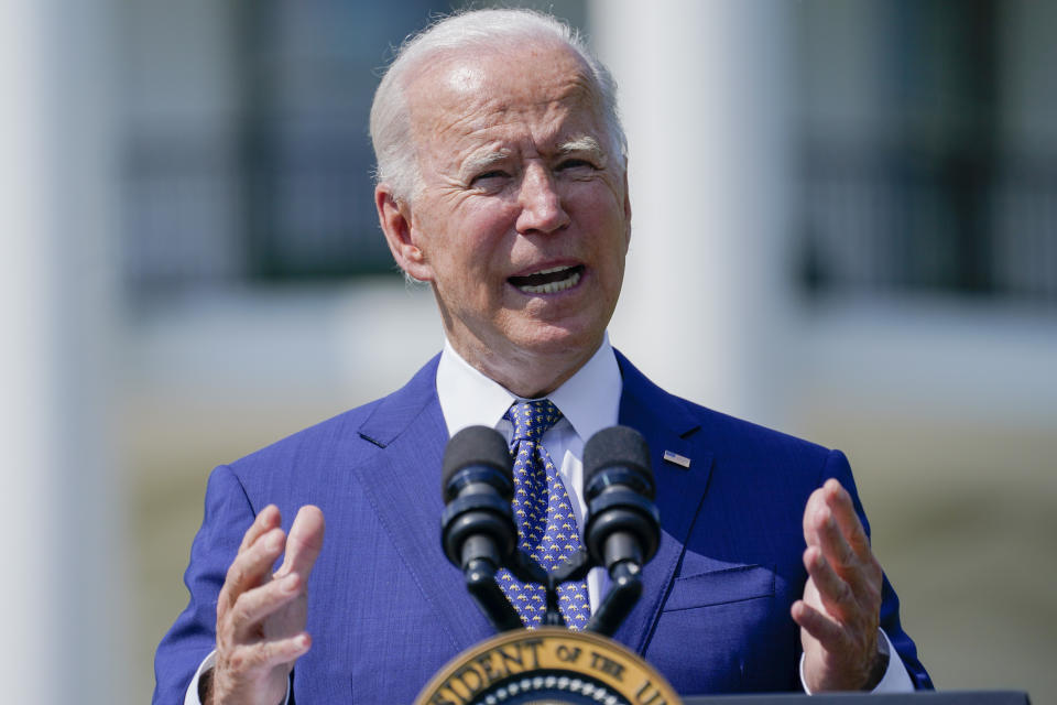 President Joe Biden speaks during an event on clean cars and trucks, on the South Lawn of the White House, Thursday, Aug. 5, 2021, in Washington. (AP Photo/Evan Vucci)