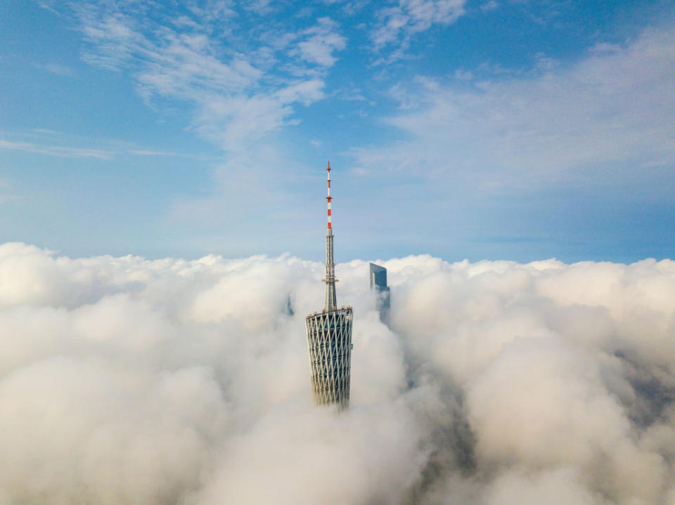Dense fog engulfs the Canton Tower in Guangzhou