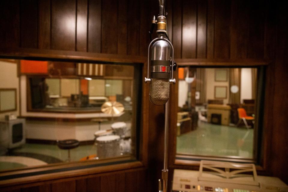 A recording booth at Southern Grooves, the newly built studio in Crosstown Concourse owned by Matt Ross-Spang, is seen in Memphis, Tenn., on Friday, June 23, 2023.