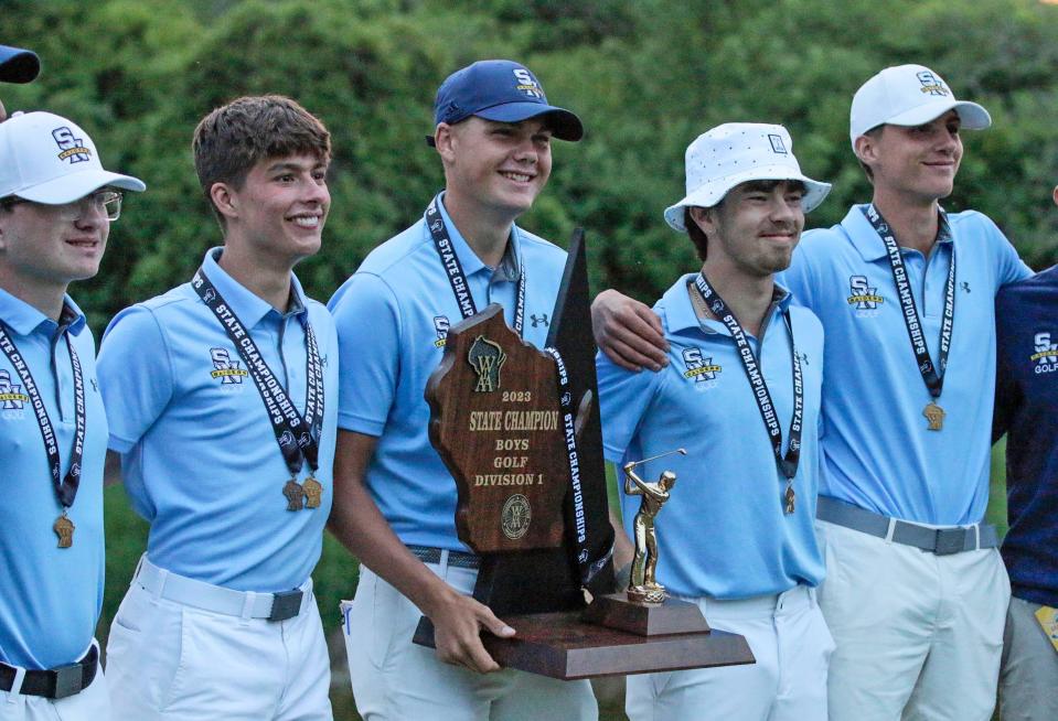 Sheboygan North’s golf team is the 2023 State Championship team following competition at the WIAA State Boys Golf Championships, Tuesday, June 6, 2023, at Blackwolf Run, in Kohler, Wis. From left: Brandon Bloechel, Hogan Miller, Mason Schmidtke, Roberto Reyes and Ryder Miller. 