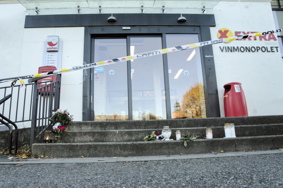 A view of the Extra store involved in the bow and arrow attack, in Kongsberg, Norway, Friday, Oct. 15, 2021. The suspect in a bow-and-arrow attack that killed five people and wounded three in a small Norwegian town is facing a custody hearing Friday. He won’t appear in court because he has has confessed to the killings and has agreed to being held in custody. (Terje Bendiksby/NTB via AP)