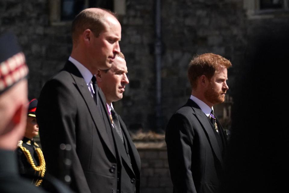 Prince William, Duke of Cambridge, Peter Phillips and Britain's Prince Harry, Duke of Sussex