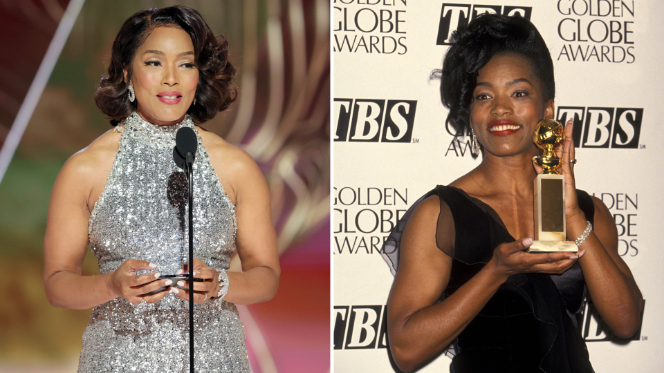 Angela Bassett at the Golden Globe awards in 2023 and 1994. (Getty Images)