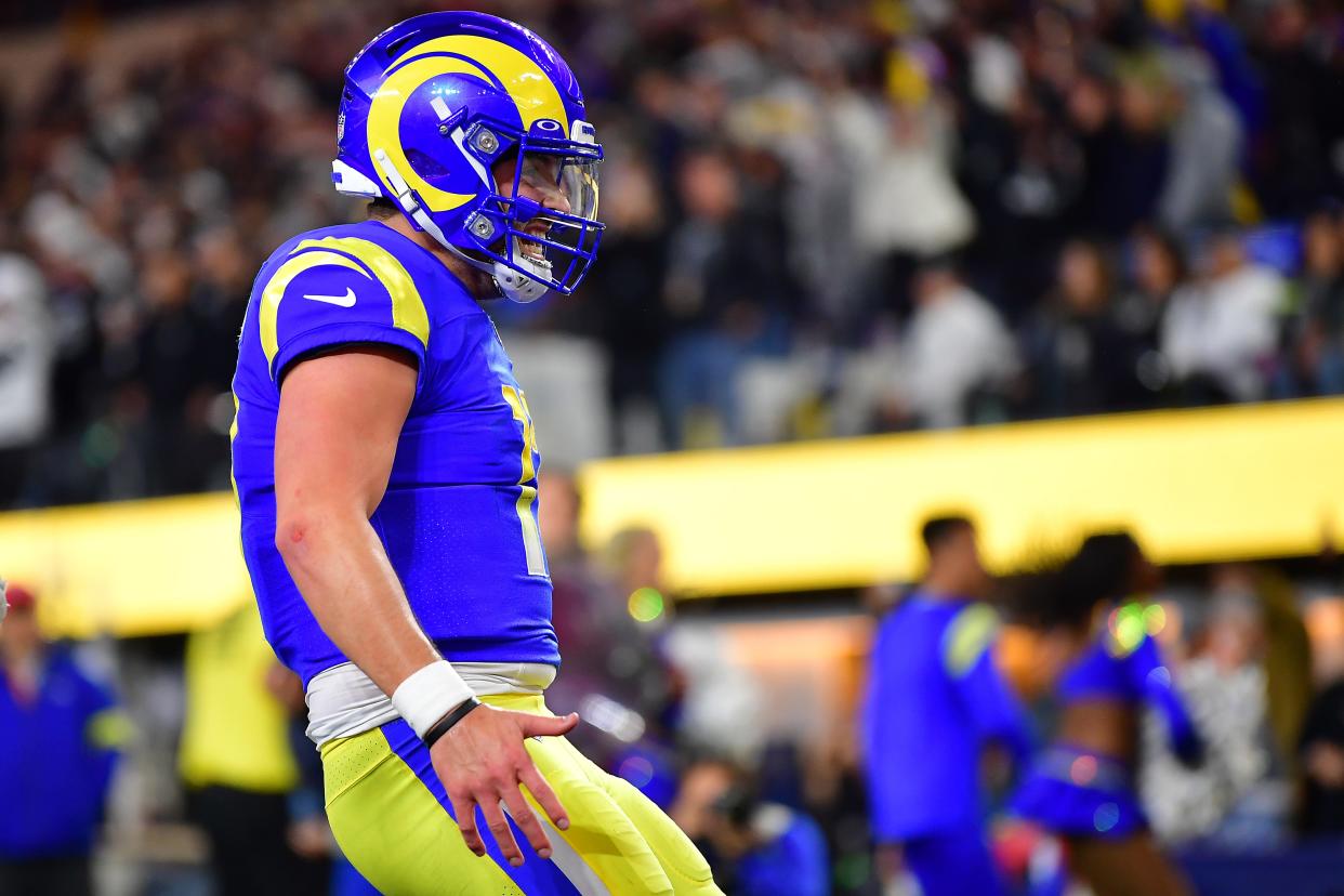 Los Angeles Rams quarterback Baker Mayfield celebrates a touchdown against the Las Vegas Raiders.