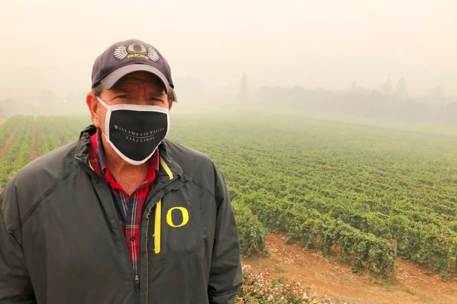 <em>Jim Bernau, founder and winegrower of Willamette Valley Vineyards, speaks at his winery blanketed in smoke from wildfires on Thursday, Sept. 17, 2020, in Turner, Ore. (AP Photo/Andrew Selsky)</em>
