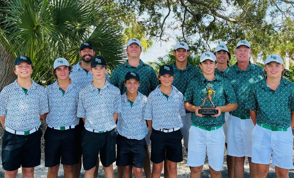 Members of the Lakewood Ranch boys golf team after winning the 20-team John Ryan Boys Golf Invitational on Monday at Capri Isles Golf Club in Venice. Medalist Brett Traver is holding the trophy. Medalist Donny Plakyda is to his left.