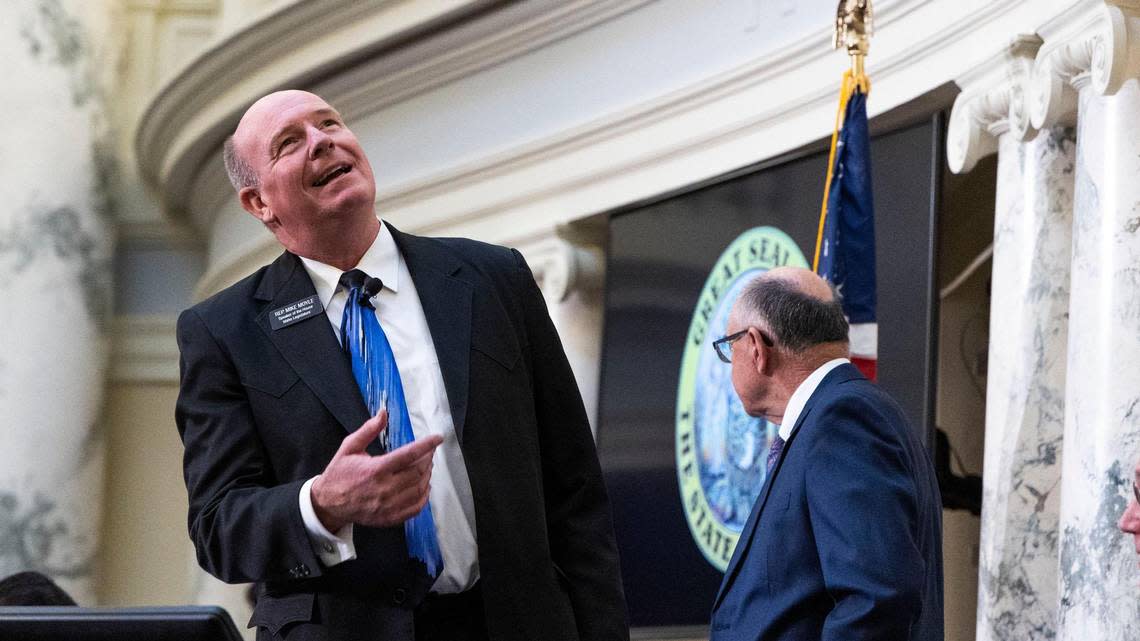 Idaho House Speaker Mike Moyle, R-Star, smiles at friends in the gallery while waiting for Gov. Brad Little’s annual State of the State address, Monday, Jan. 9, 2023, at the Capitol in Boise.