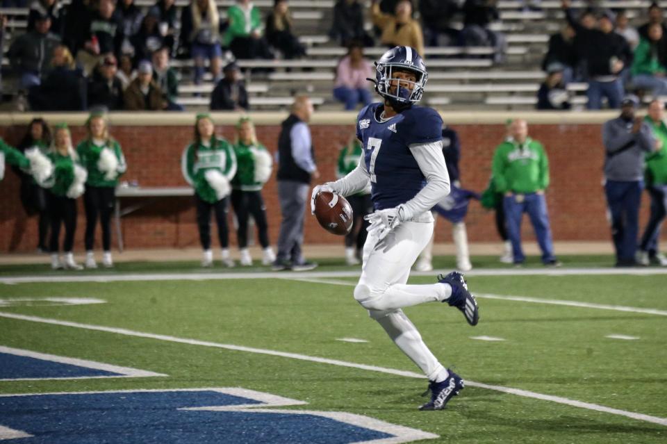 Georgia Southern wide receiver Khaleb Hood scored on a 27-yard screen pass from quarterback Kyle Vantrease in the second quarter on Saturday night at Paulson Stadium in Statesboro.