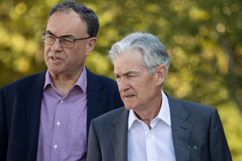 Jerome Powell, chairman of the US Federal Reserve, right, and Andrew Bailey, governor of the Bank of England (BOE), during the Kansas City Federal Reserve's Jackson Hole Economic Policy Symposium.<p>Bloomberg/Getty Images</p>