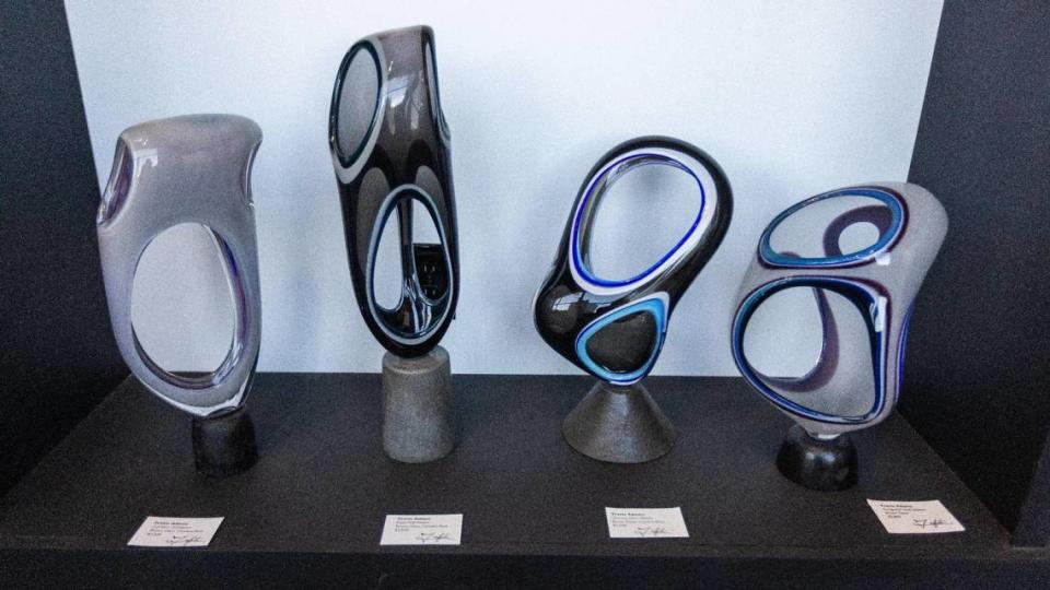 Four blown glass artworks by artist Travis Adams featured in the gallery space within the Trifecta Glass Art Lounge. Pieces inside are on display for sale. Marcus Dorsey/mdorsey@herald-leader.com