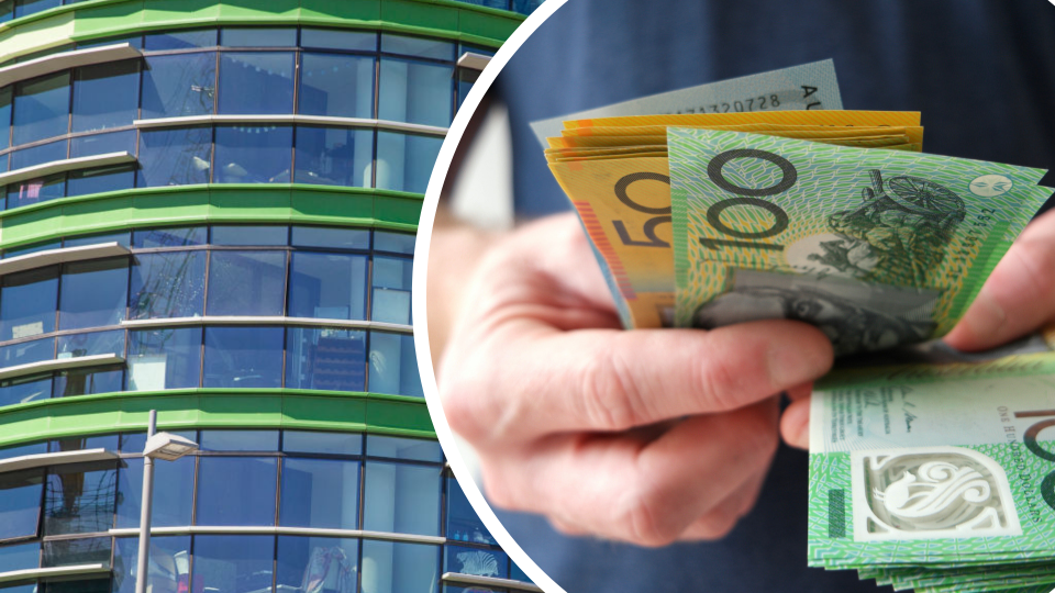 Pictured: Opal Tower and person paying Australian cash for building repairs. Images: Getty