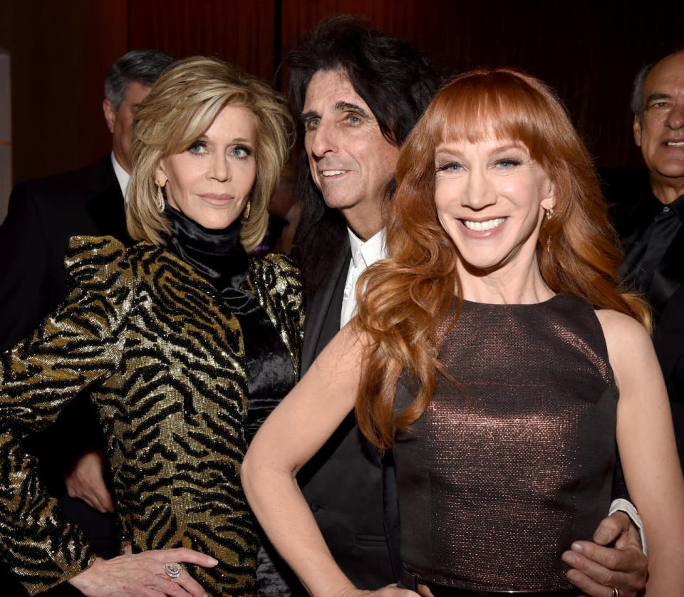 Jane Fonda, Alice Cooper, and Kathy Griffin at Clive Davis’s Pre-Grammy party. 
