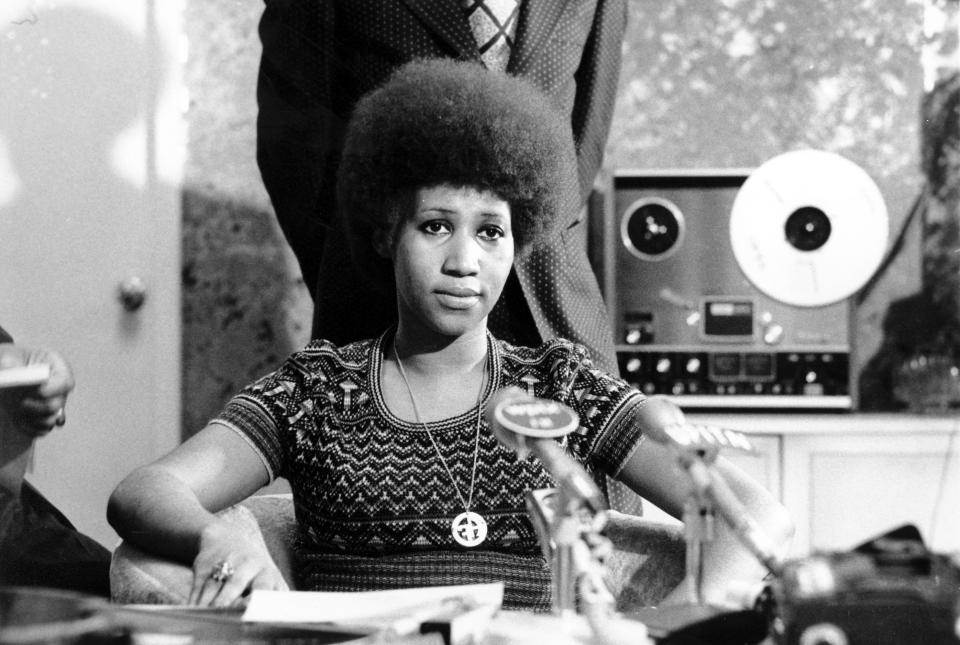 Soul singer Aretha Franklin appears at a news conference on March 26, 1973. Franklin, who died Aug. 16, 2018 at the age of 76, is being portrayed by actress Cynthia Erivo in the National Geographic miniseries “Genius: Aretha.” (AP Photo)