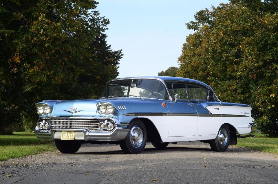 <p>Early generations of the Chevrolet Bel Air are widely associated with flamboyant styling and fancy two-tone paintwork. This third-generation Bel Air shows how it should be done. Note the way the chrome ‘spear’ separates the blue from white, and the intricate details on the back door.</p><p>Two-tone finishes have their <strong>drawbacks</strong>. They cost more, production is slower, and it’s more difficult to repair in the event of an accident or restoration.</p>