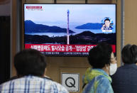 A TV screen shows an image of North Korea's rocket launch during a news program at the Seoul Railway Station in Seoul, South Korea, Thursday, June 1, 2023. Kim Yo Jong, the powerful sister of North Korean leader Kim Jong Un on Thursday accused the United States of "gangster-like" hypocrisy for criticizing her country's failed launch of a military spy satellite and insisted that the North will follow with a successful launch soon. (AP Photo/Ahn Young-joon)