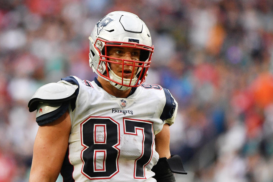 New England Patriots tight end Rob Gronkowski is a player to stay away from in drafts next season. (Photo by Mark Brown/Getty Images)