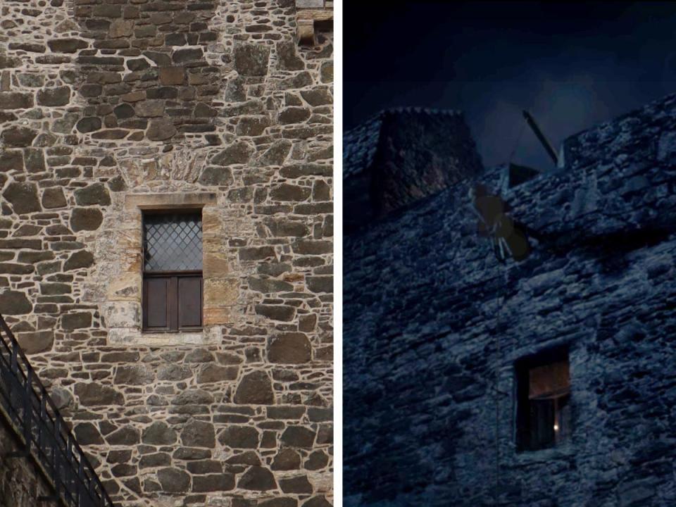 Side by side comparison of a small window at Blackness Castle in Scotland with the author's view during daytime on the left and a still from "Outlander" at night on the right.